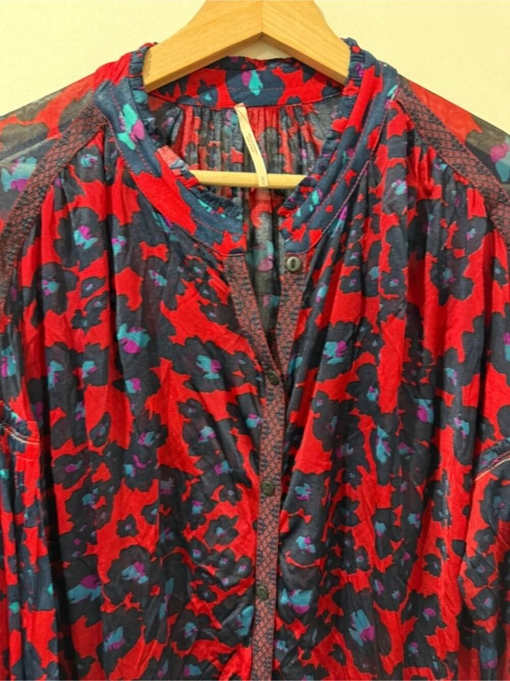 Free People Red Floral Boho Mini Dress Long Sleeve Button Front Size M - Picture 7 of 13